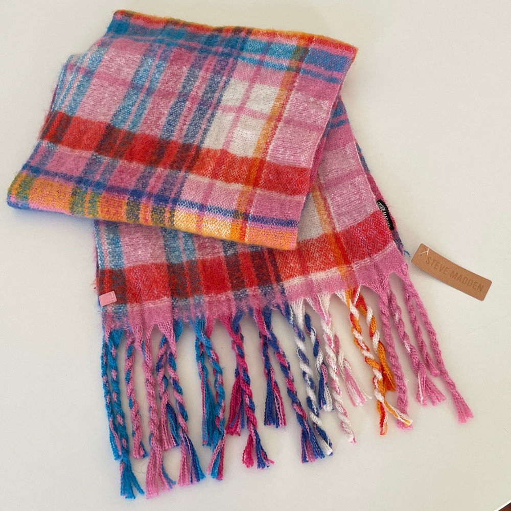 Steve Madden Scarf Wrap Pink Plaid Fringe